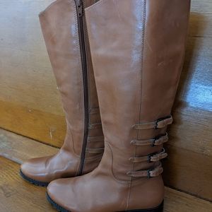 NWOT J Jill Tan Leather Knee High Boots Side Zip Strappy Back sz 8M  Exc Cond!